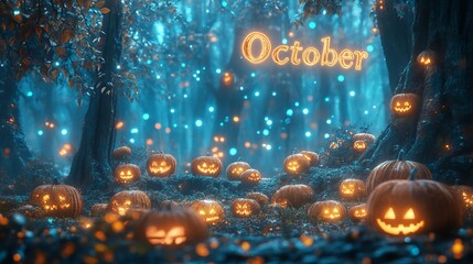 Enchanting Forest Scene Filled with Vibrant Pumpkins and Soft Glowing Lights Creating a Magical Atmosphere