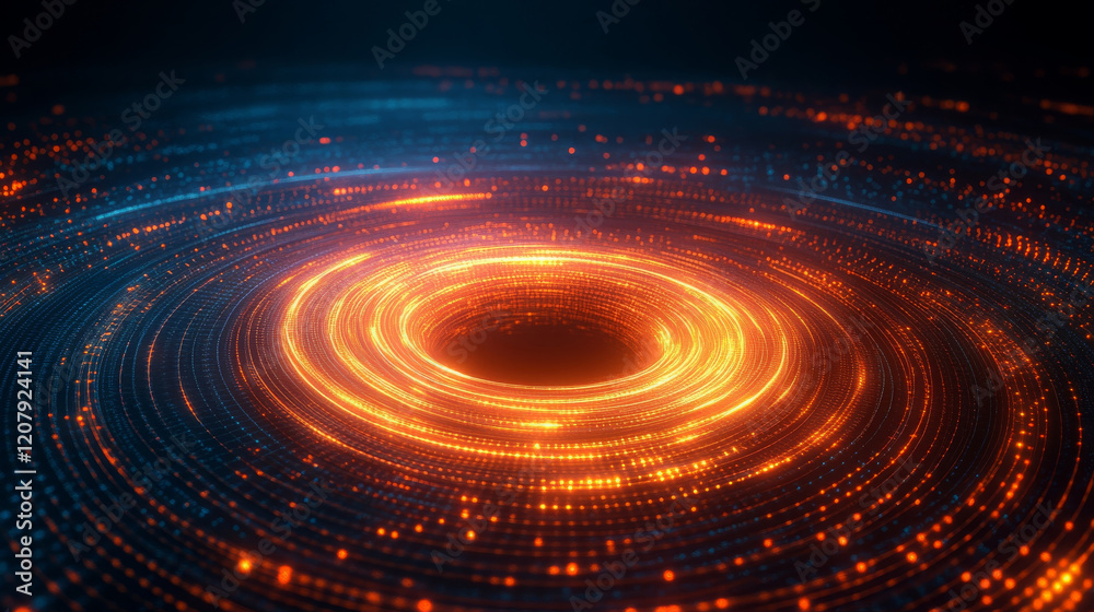 Poster high tech abstract scene featuring vibrant swirling vortex of glowing orange and blue data points, c