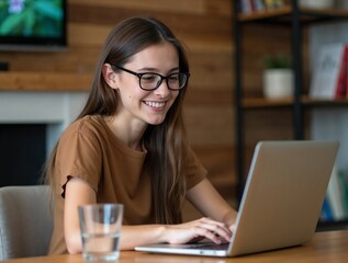 girl woman home laptop computer technology female internet young office business lifestyle student happy communication