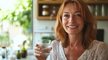 Happy middle-aged woman enjoying a glass of water in her kitchen
