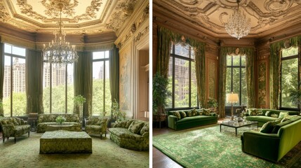 Fototapeta premium Luxurious Green Living Room with City Views