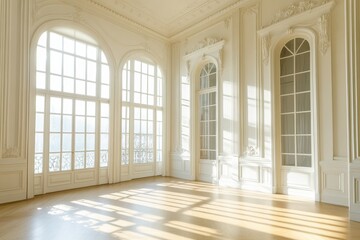 Elegant sunlit interior of a grand room with tall windows and wooden floor