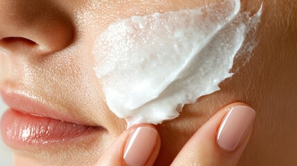 Fototapeta premium Woman gently applying a moisturizing cream to her face, showcasing smooth skin