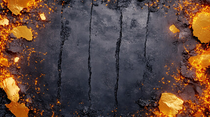 Textured background featuring dark surface with glowing orange accents and golden fragments, creating dramatic and fiery atmosphere