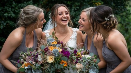 Joyful wedding celebration with bridesmaids in elegant dresses holding vibrant bouquets at outdoor venue during sunny afternoon