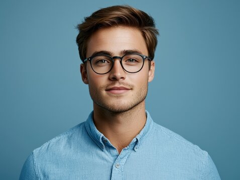 Young man with glasses and neat hair in a blue shirt against a blue background, exuding confidence and modern style. Perfect for trendy, professional, and minimalist portrait themes.