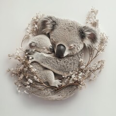 An ultra-realistic photo of a koala with its baby on a white background 