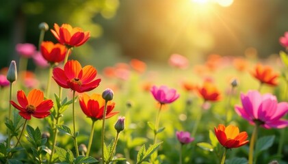 Obraz premium Blooming wildflowers dance in the warm sunlight, colorful, greenery, seasonal
