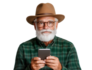 Senior man with glasses and hat using smartphone against a transparent background