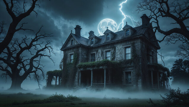 Haunted house emerging from fog under lightning storm and full moon