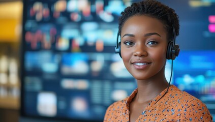 A confident Black female call center agent with short hair, wearing a headset in front of an interactive digital wall displaying real-time customer traffic and hotline data, 