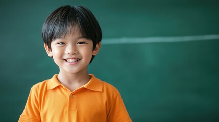 Happy smiling Asian boy in a classroom setting