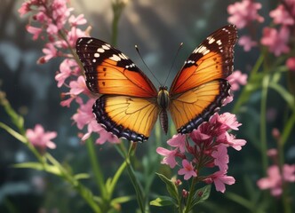 Naklejka premium Butterfly fluttering in the warm breeze on a blooming flower stem, colorful flowers, insect photography