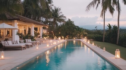 Fototapeta premium Luxurious Villa Evening Poolside Relaxation Scene