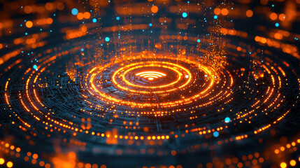 Wi-Fi icon illuminated by digital particles in a dark environment showcasing wireless connectivity