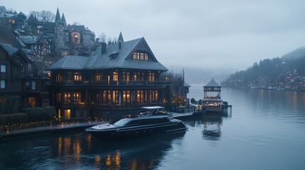 Naklejka premium Luxurious Waterfront Mansion with Yacht at Dusk