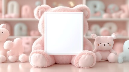 Obraz premium Pink Teddy Bear Holding Blank Frame Surrounded By Toys