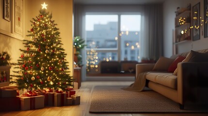A cozy corner of a living room adorned with a Christmas tree decorated with shimmering lights