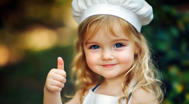 Une jolie petite fille aux cheveux blonds portant une toque et un tablier de chef cuisinier blanc, levant le pouce dans un portrait en gros plan.