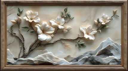 Framed Bas Relief Carving Of Magnolia Blossoms And Mountains