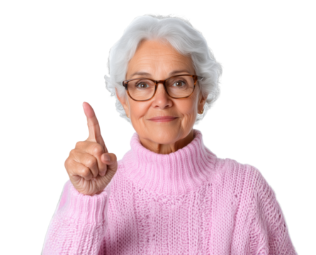 Elderly woman in pink sweater smiling while holding up one finger, expressing a positive message