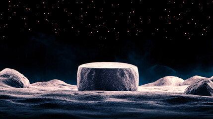 surreal lunar landscape featuring circular stone structure surrounded by stark, rocky surface under starry sky. scene evokes sense of mystery and exploration