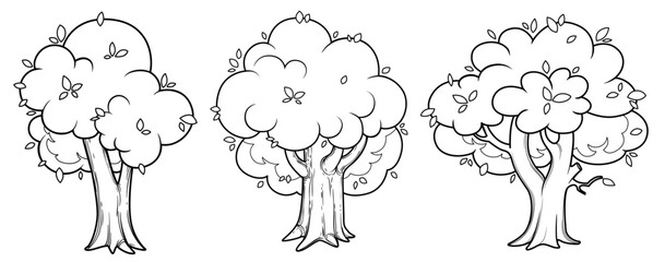 Three large old deciduous trees with a lush crown outlined for coloring isolated on white background
