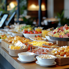 
A luxury hotel breakfast buffet arranged with fine china and an array of international breakfast options such as French pastries, scrambled eggs