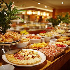 
A luxury hotel breakfast buffet arranged with fine china and an array of international breakfast options such as French pastries, scrambled eggs etc.