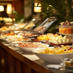 A luxury hotel buffet arranged with an array of international options.