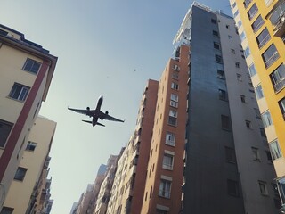 air plane, aircraft flying among city buildings