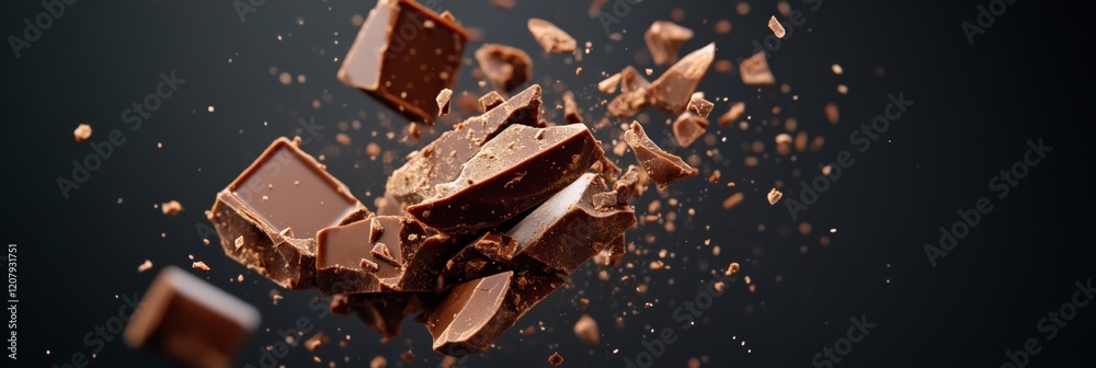 Aufkleber Milk chocolate chunks are exploding on a dark background, creating a dynamic and delicious scene with small particles flying through the air
