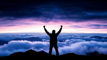 Man Triumphantly Stands Above Clouds at Sunrise