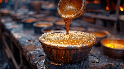 A close-up of molten substance being poured into a bowl, showcasing traditional craftsmanship.