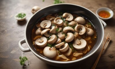 Boiled mushrooms in a clear broth with fish sauce added for flavor, clear broth, garnish, ingredient