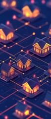 Fototapeta premium A vibrant, digital illustration of cozy houses connected by glowing pathways, set against a dark background, evoking a sense of community and warmth.
