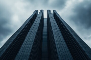 Fototapeta premium A towering building rises dramatically against a moody sky, showcasing architectural lines and a sense of grandeur.