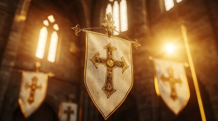Medieval Church Interior with Ornate Cross Banners