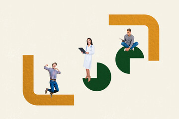 Trend artwork sketch design montage 3D collage of figure element shapes young lady doctor stand man shocked scream sit type tablet