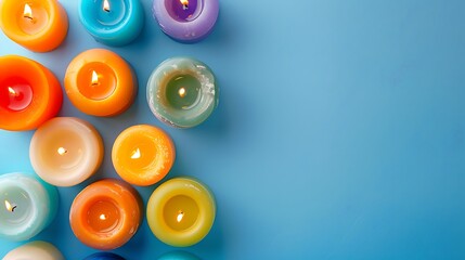 A casual arrangement of wax candles in vibrant hues on a sleek white backdrop