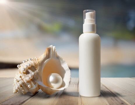 Summer cream mock up with shell and pearl on a serene beach background