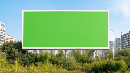 Giant Green Billboard Chroma Key Screen in Urban Setting for Advertising and Digital Design Concepts with Skyline and Nature