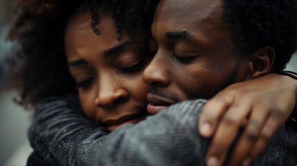 Obraz premium Emotional embrace between a man and woman, somber mood.