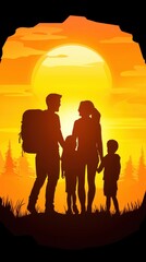 Fototapeta premium A silhouette of a family against a sunset backdrop, showcasing togetherness and adventure in nature.