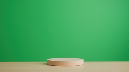 Wooden Rotating Platform on Table with Green Background for Product Display and Presentation in Stock Photography