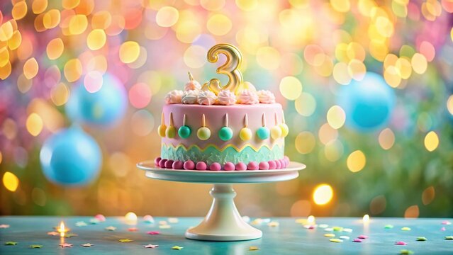 Tilt-Shift 3rd Birthday Cake Pastel Background AI Photo