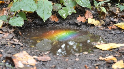 Miniature Rainbow Reflecting in Autumn Puddle