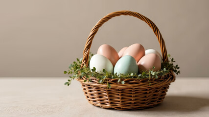 Minimal rustic easter basket with  decorated eggs in a  pastel color palette. Copyspace