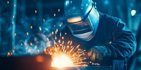 Industrial Welder Working with Bright Sparks in a Workshop at Night