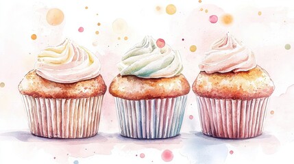Colorful cupcakes with swirled frosting sit on a light background, suggesting a festive and sweet atmosphere.